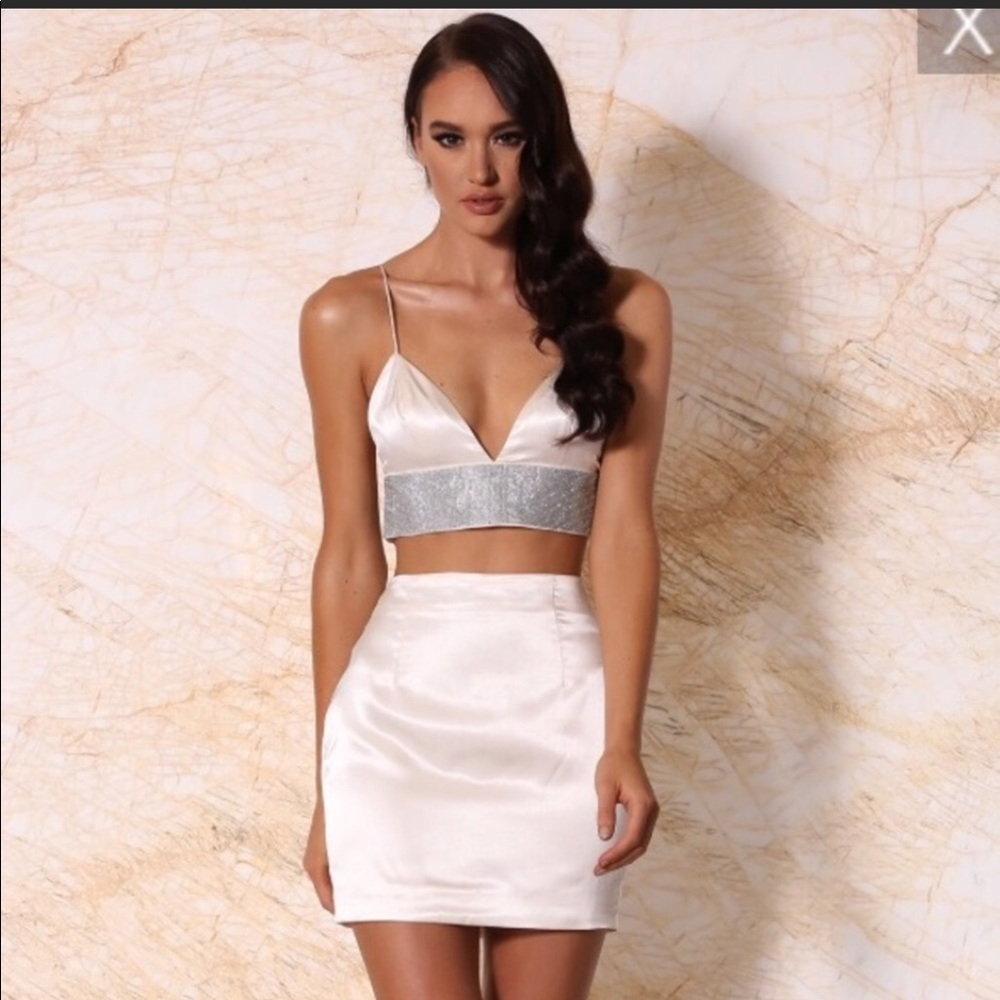 NWT Meshki Diamonte two piece set- ivory dress